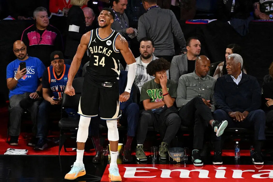 Dec 17, 2024; Las Vegas, Nevada, USA; Milwaukee Bucks forward Giannis Antetokounmpo (34) celebrates after winning the Emirates NBA Cup championship game against the Oklahoma City Thunder at T-Mobile Arena. Candice Ward-Imagn Images/File Photo