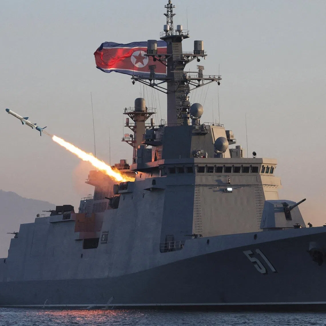 A missile is fired during a test-fire of strategic cruise missiles and anti-warship missiles from the destroyer Choe Hyon, North Korea, April 12, 2026, in this photo released by North Korea's Korean Central News Agency (KCNA), April 14, 2026. KCNA via REUTERS