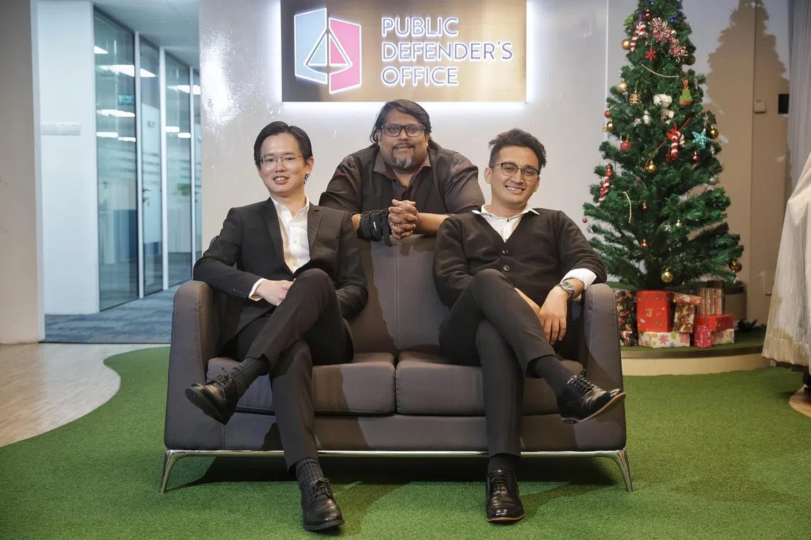 (L-R) Public defenders Joseph Lum, 34, senior assistant director (criminal defence), Ministry of Law; Vadivalagan s/o P V Shanmuga Sundaram, 53, senior assistant director (criminal defence), Ministry of Law; and Mohamed Sarhan s/o Mohamed Ikhbar, 27, senior executive (criminal defence), Ministry of Law; on Dec 11, 2023. 

Feature on the Public Defender’s Office one year since it was launched on Dec 1, 2022. The PDO offers free legal representation to lower income individuals who have been charged with a criminal offence.