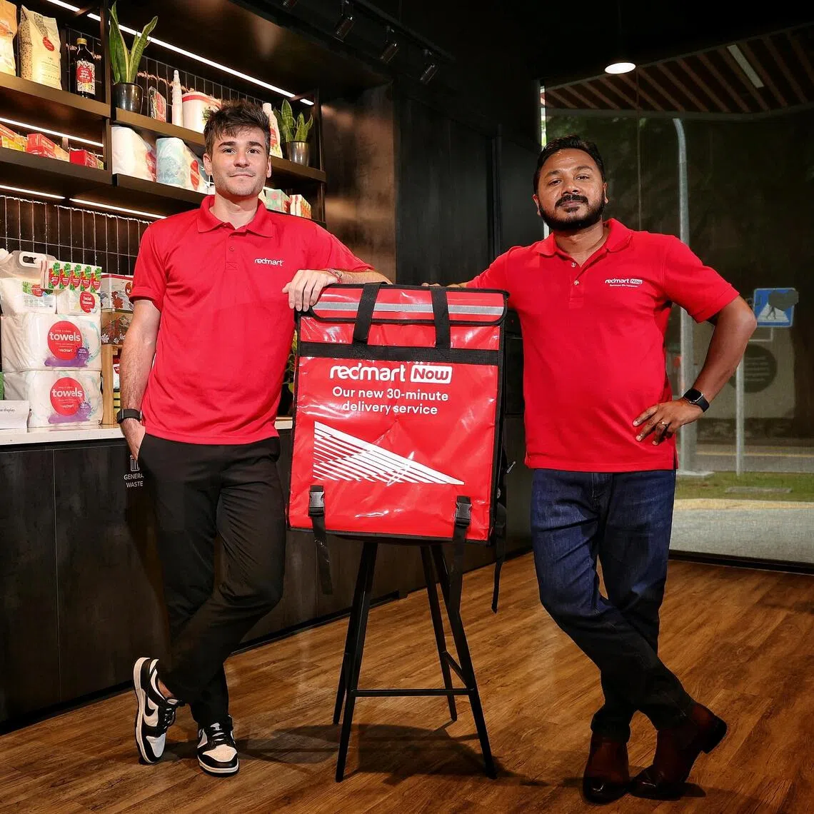Senior vice-president and head of RedMart Martin Daney (left) and chief logistics officer for RedMart and Lazada Singapore Venkat Shankar at Lazada One.