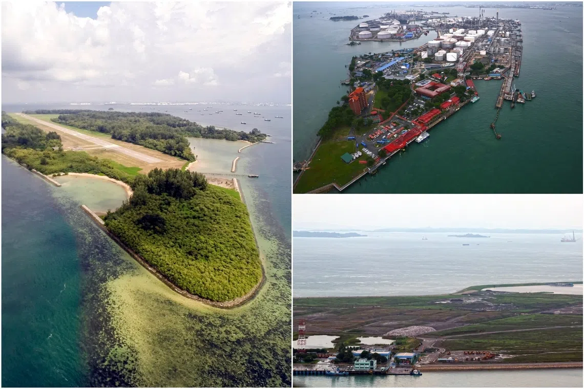(Clockwise from left) Pulau Sudong, Pulau Bukom and Pulau Semakau are among islands that could be merged to form a new Western island.