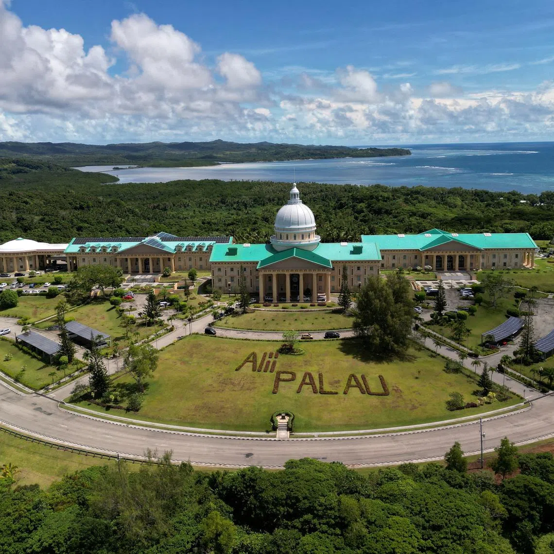 FILE PHOTO: A drone view of Palau’s national Capitol Building, in Ngerulmud, Palau April 11, 2025. REUTERS/Hollie Adams/File Photo