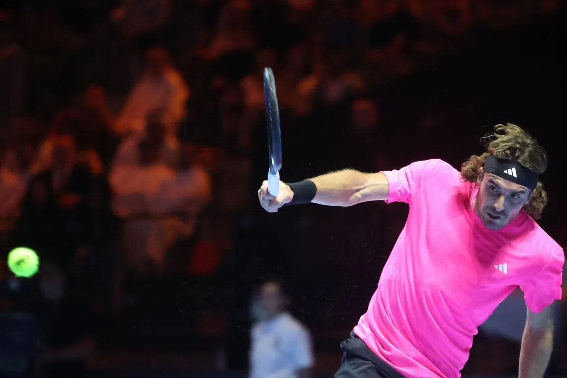 Greece's Stefanos Tsitsipas returning the ball to Italy's Jannik Sinner during the quarter-final of the Six Kings Slam exhibition tennis tournament in Riyadh on Oct 15, 2025.