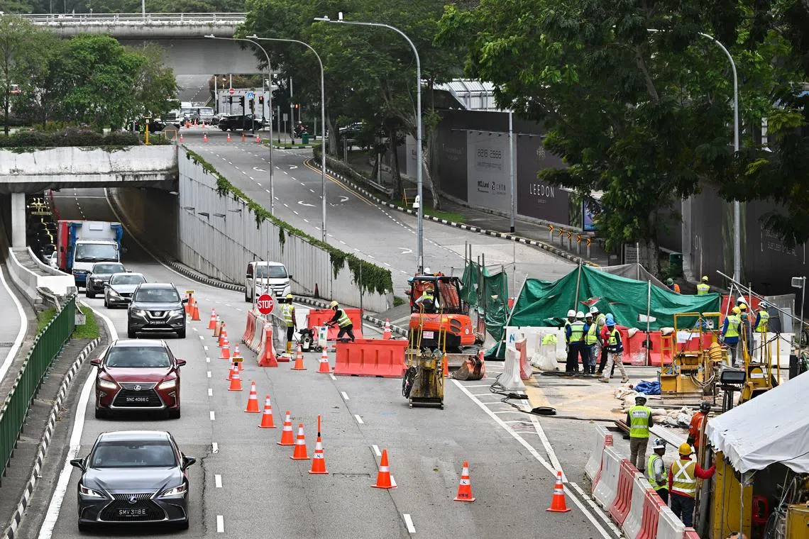 Roadworks along Farrer Road on Nov 16, 2022, a day after a sinkhole formed on a slip road leading from Holland Road to Farrer Road.