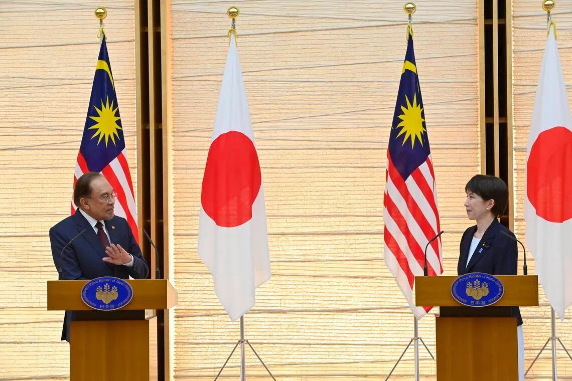 Japanese Prime Minister Sanae Takaichi (right) and Malaysian Prime Minister Anwar Ibrahim (left) hold a joint press announcement following their bilateral meeting at the Prime Minister’s Office in Tokyo, Japan on June 10, 2026.  