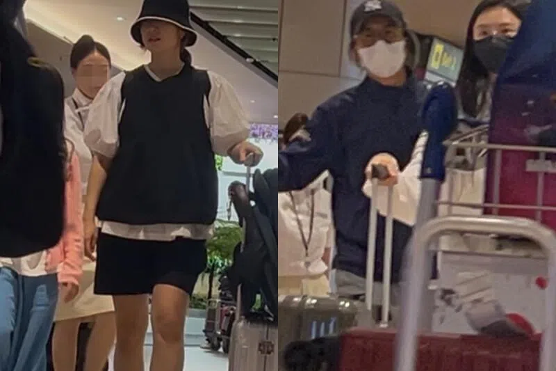 K-drama stars Park Shin-hye (left) and Bae Yong-joon (right) were spotted at Changi Airport.