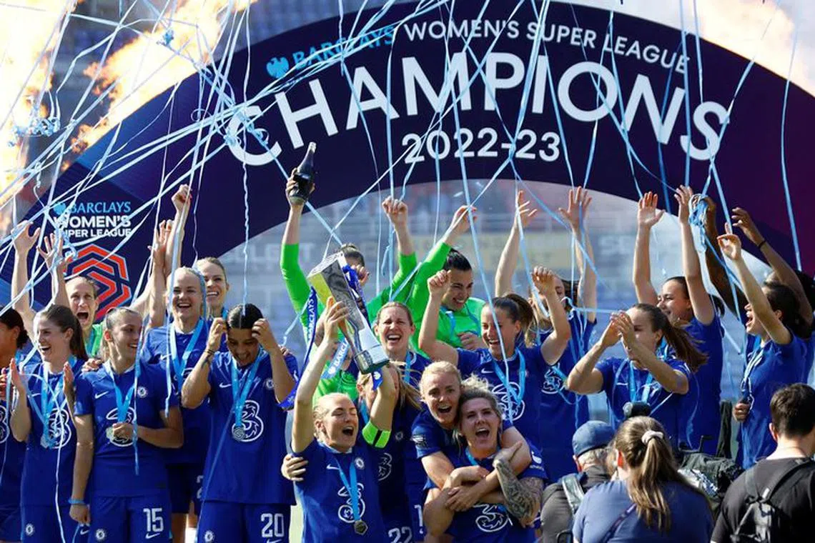 FILE PHOTO: Soccer Football - Women's Super League - Reading v Chelsea - Madejski Stadium, Reading, Britain - May 27, 2023 Chelsea's Magdalena Eriksson celebrates with the trophy and team mates after winning the Women's Super League Action Images via Reuters/John Sibley/File Photo
