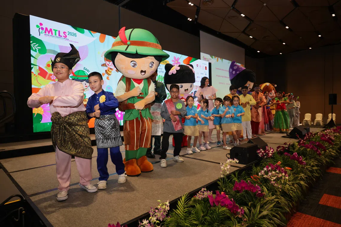 Malay, Chinese, and Indians pupils performing during the 14th Mother Tongue Languages Symposium (MTLS) at Expo on Aug 1.