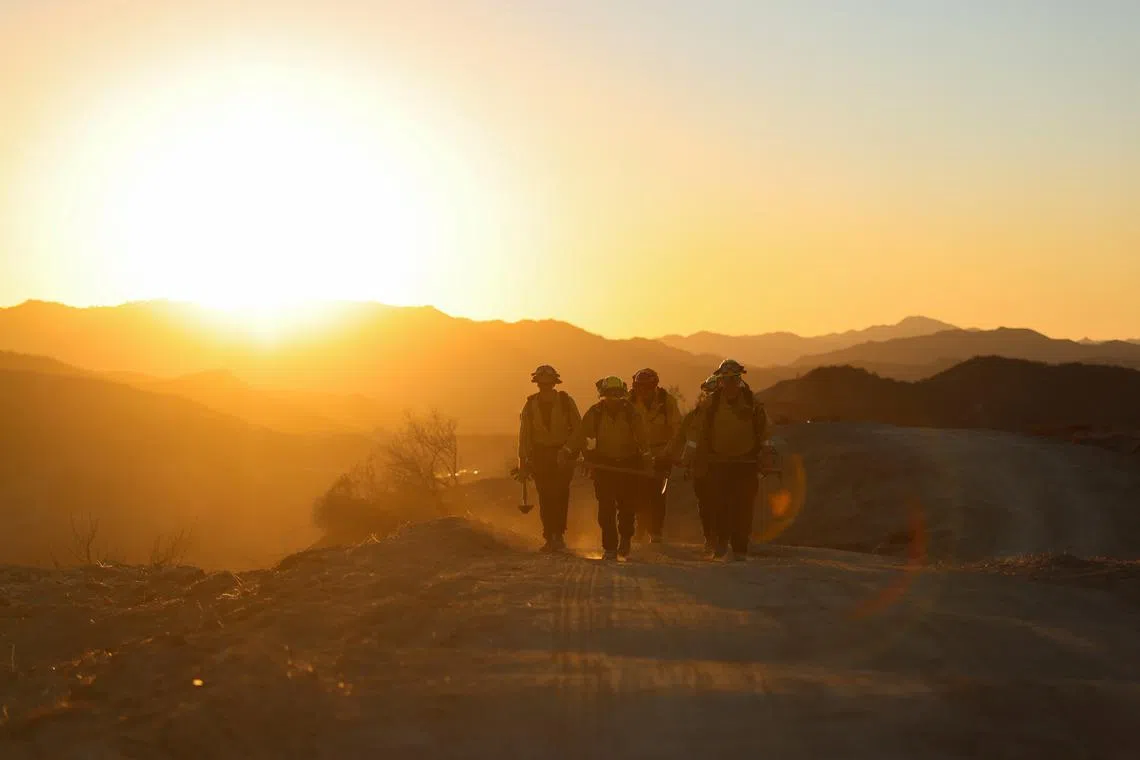 Members of a CalFire crew work to mop up hotspots from the burn scar of the Palisades Fire near Mulholland Drive in Los Angeles on Jan 15.