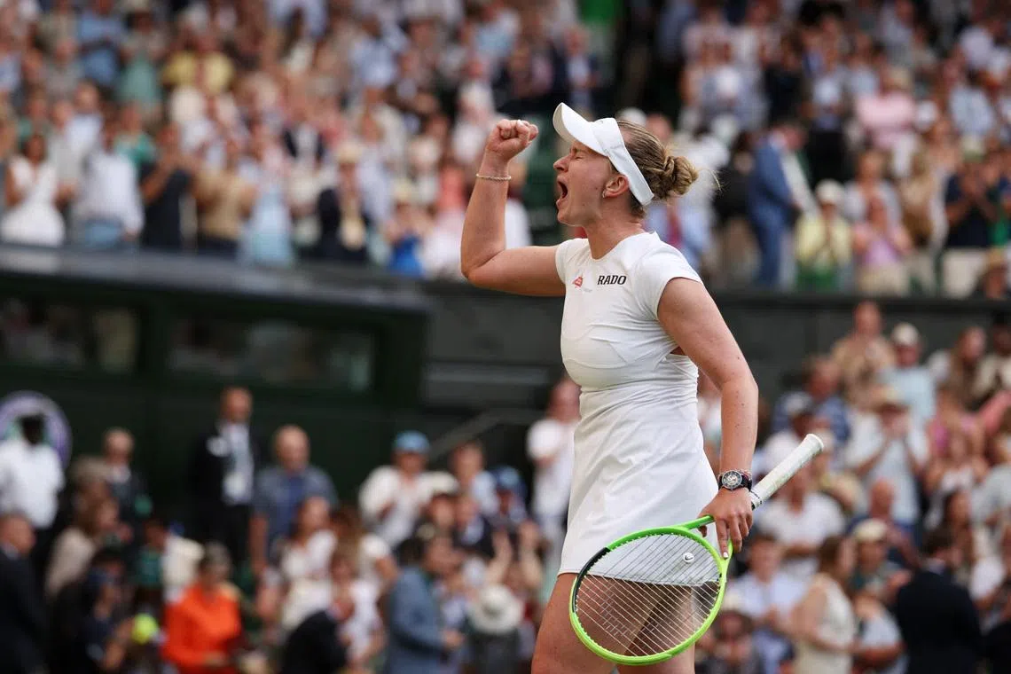 Tennis - Wimbledon - All England Lawn Tennis and Croquet Club, London, Britain - July 1, 2026 Czech Republic's Barbora Krejcikova celebrates winning her second round match against Russia's Mirra Andreeva REUTERS/Marko Djurica