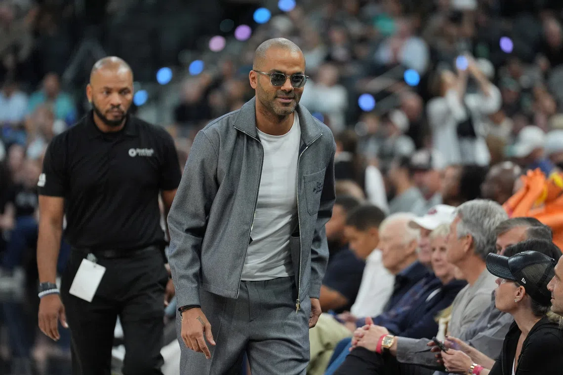FILE PHOTO: Oct 27, 2025; San Antonio, Texas, USA;  Former San Antonio Spurs guard Tony Parker at the game against the Toronto Raptors at Frost Bank Center. Mandatory Credit: Daniel Dunn-Imagn Images/File Photo