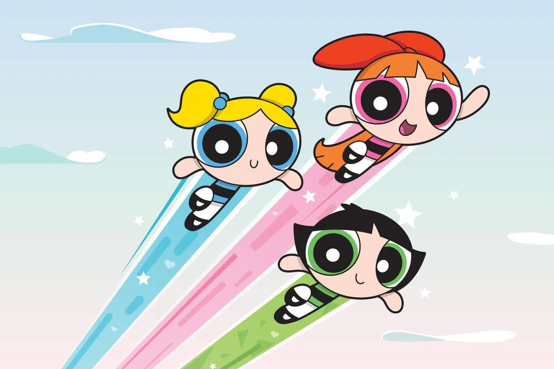 The Powerpuff Girls' (from top down) Blossom, Bubbles and Buttercup.  
