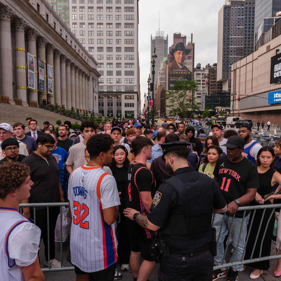 NYPD officers direct people outside of Madison Square Garden before Game 4 of the NBA Finals between New York Knicks and San Antonio Spurs, on June 10, 2026.