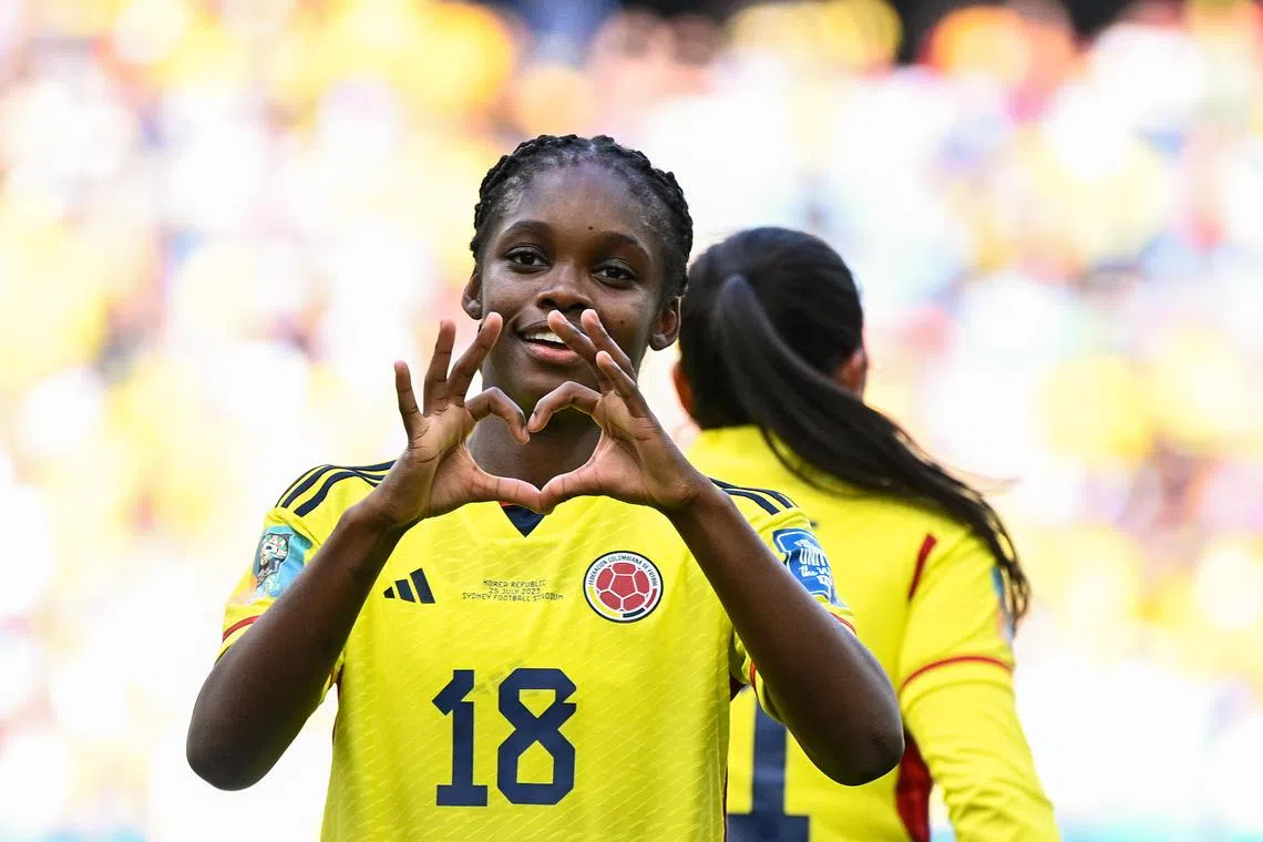 Linda Caicedo of Colombia celebrating after scoring a goal during the Women's World Cup match against South Korea at Sydney Football Stadium.