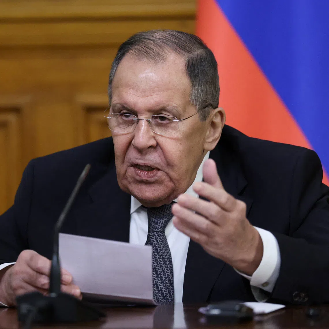 Russian Foreign Minister Sergei Lavrov speaks during a press conference following talks with Iranian Foreign Minister Abbas Araqchi in Moscow, Russia, December 17, 2025. REUTERS/Ramil Sitdikov/Pool
