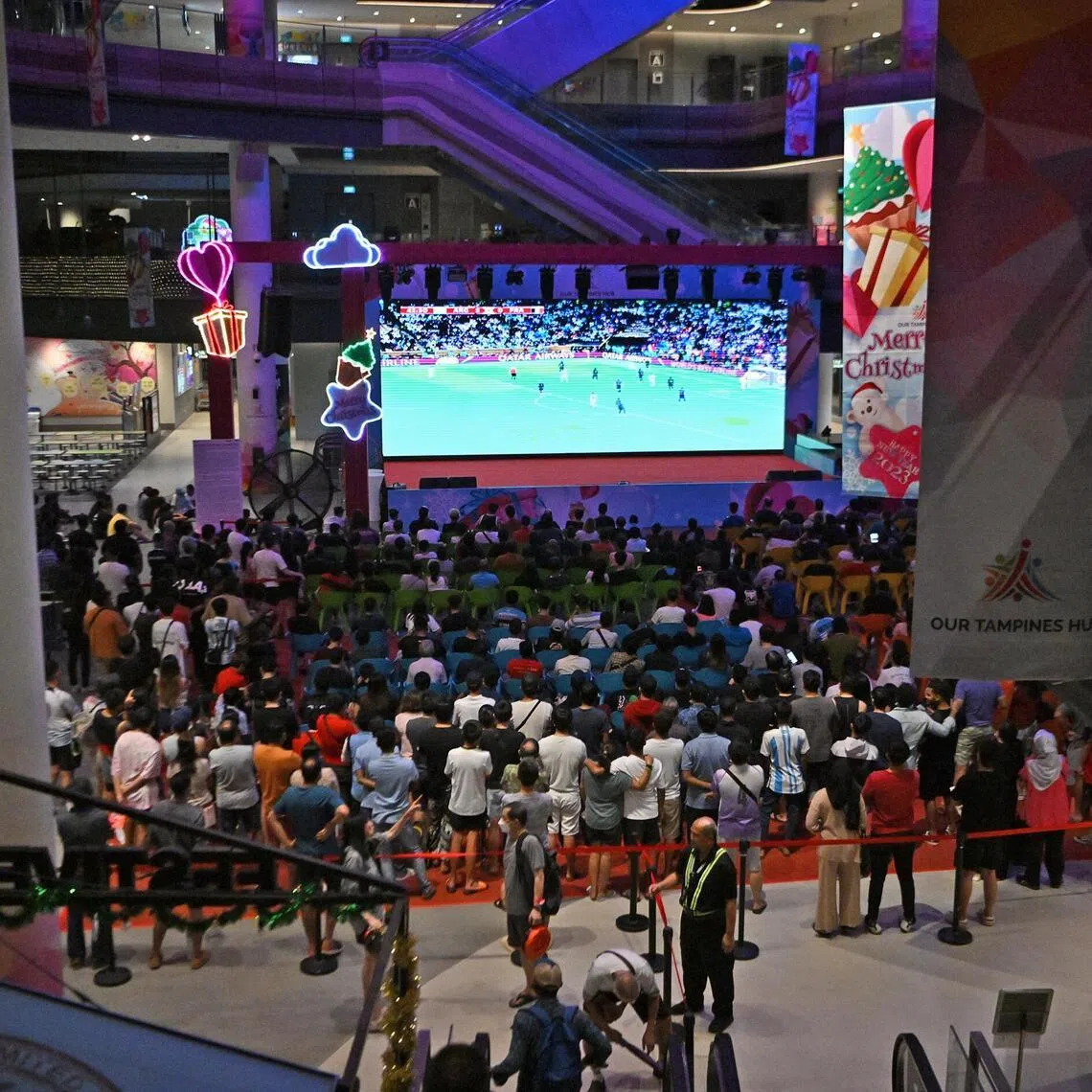 Football fans watching the World Cup 2022 final screening at Our Tampines Hub on Dec 18, 2022.