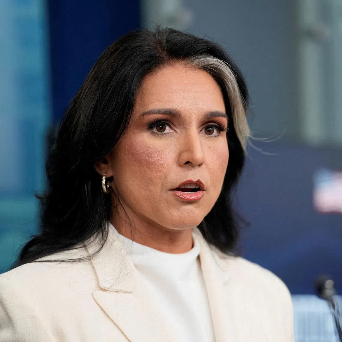 FILE PHOTO: Director of National Intelligence Tulsi Gabbard speaks during a press briefing, at the White House in Washington, D.C., U.S., July 23, 2025. REUTERS/Kent Nishimura/File Photo
