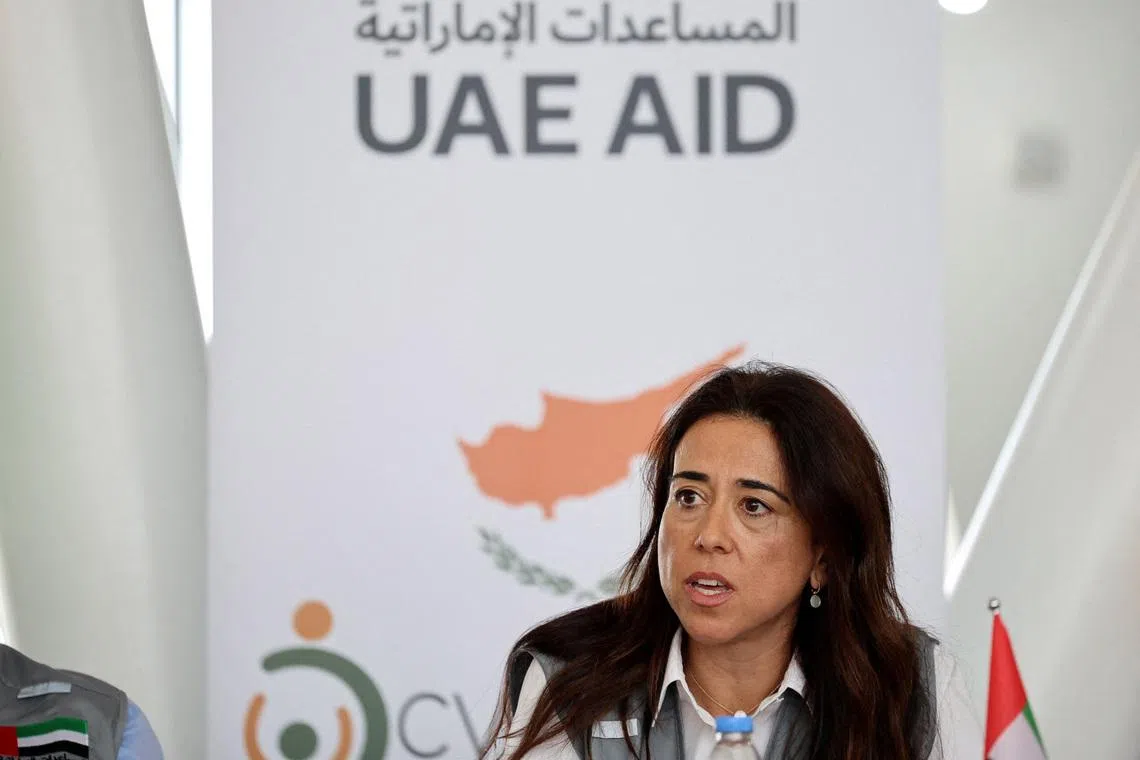 UAE's Minister of State Lana Nusseibeh speaks to the media at Limassol port, Cyprus, where aid is accumulating for the people of Gaza, November 7, 2025. REUTERS/Yiannis Kourtoglou