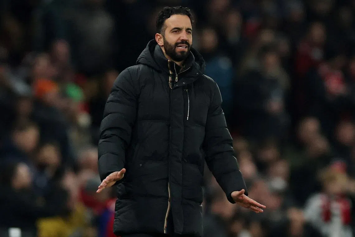 FILE PHOTO: Soccer Football - Premier League - Manchester United v Southampton - Old Trafford, Manchester, Britain - January 16, 2025 Manchester United manager Ruben Amorim reacts REUTERS/Phil Noble/File Photo