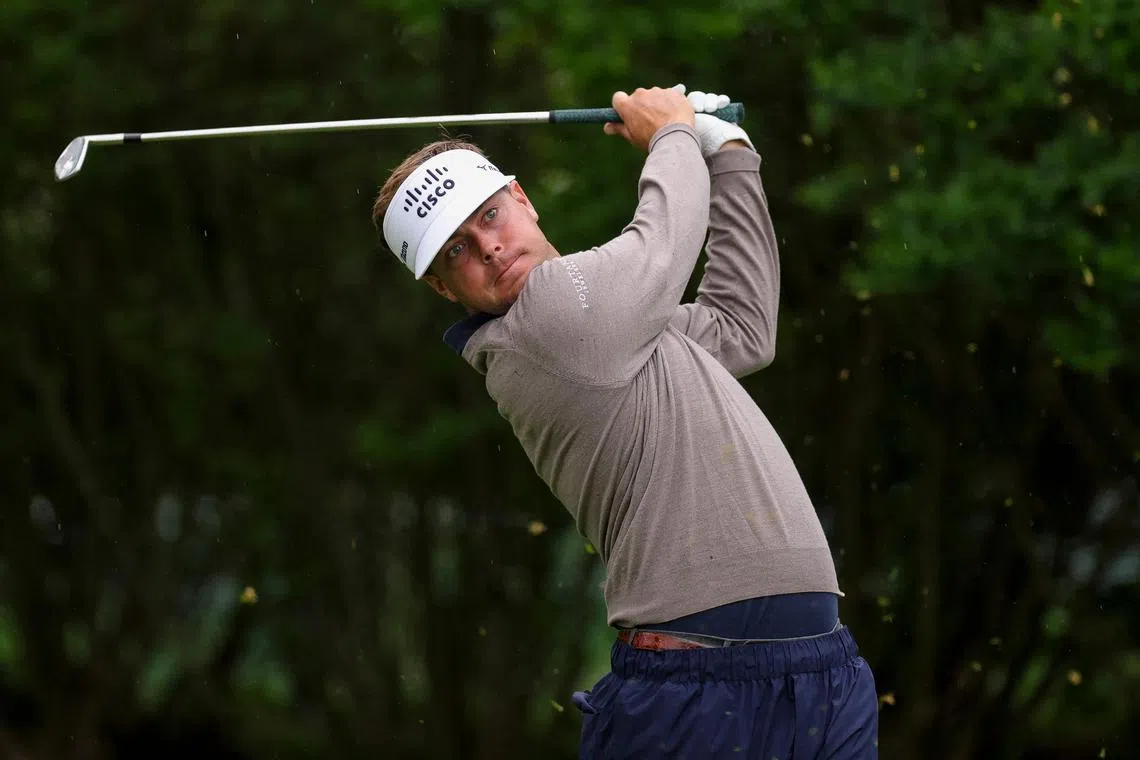 Leader Keith Mitchell hitting a tee shot on the third hole during the second round of the Truist Championship 2025 at The Wissahickon at Philadelphia Cricket Club on May 9 in Flourtown, Pennsylvania. He posted a three-under 67 to hang onto a one-shot lead.