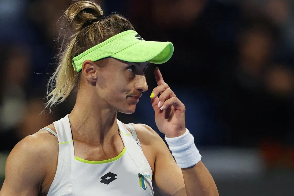 FILE PHOTO: Tennis - WTA 1000 - Qatar Open - February 13, 2024, Ukraine's Lesia Tsurenko during her round of 32 match against Tunisia's Ons Jabeur REUTERS/Ibraheem Al Omari/File Photo