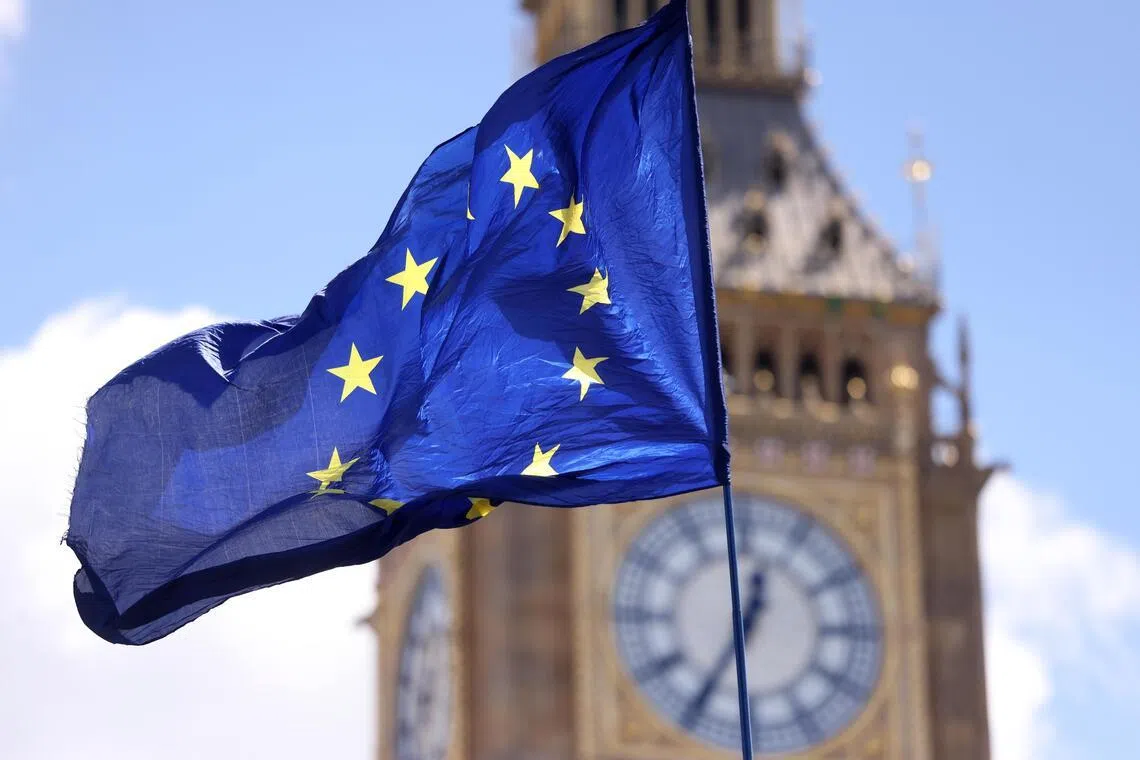 epa13055909 The EU flag flutters as Pro-European Union campaigners protest in London, Britain, 10 June 2026 (issued 22 June 2026). The UK held a referendum on 23 June 2016 on its membership of the EU, in which 51.89 percent of voters chose to leave. The UK officially withdrew from the EU on 31 January 2020, followed by a transition period that ended on 31 December 2020. Since 2021, UK–EU relations have been governed by the EU–UK Trade and Cooperation Agreement. Brexit ended the UK's participation in the EU single market and customs union, leading to changes in trade, immigration, and regulatory alignment.  EPA/NEIL HALL  ATTENTION: This Image is part of a PHOTO SET