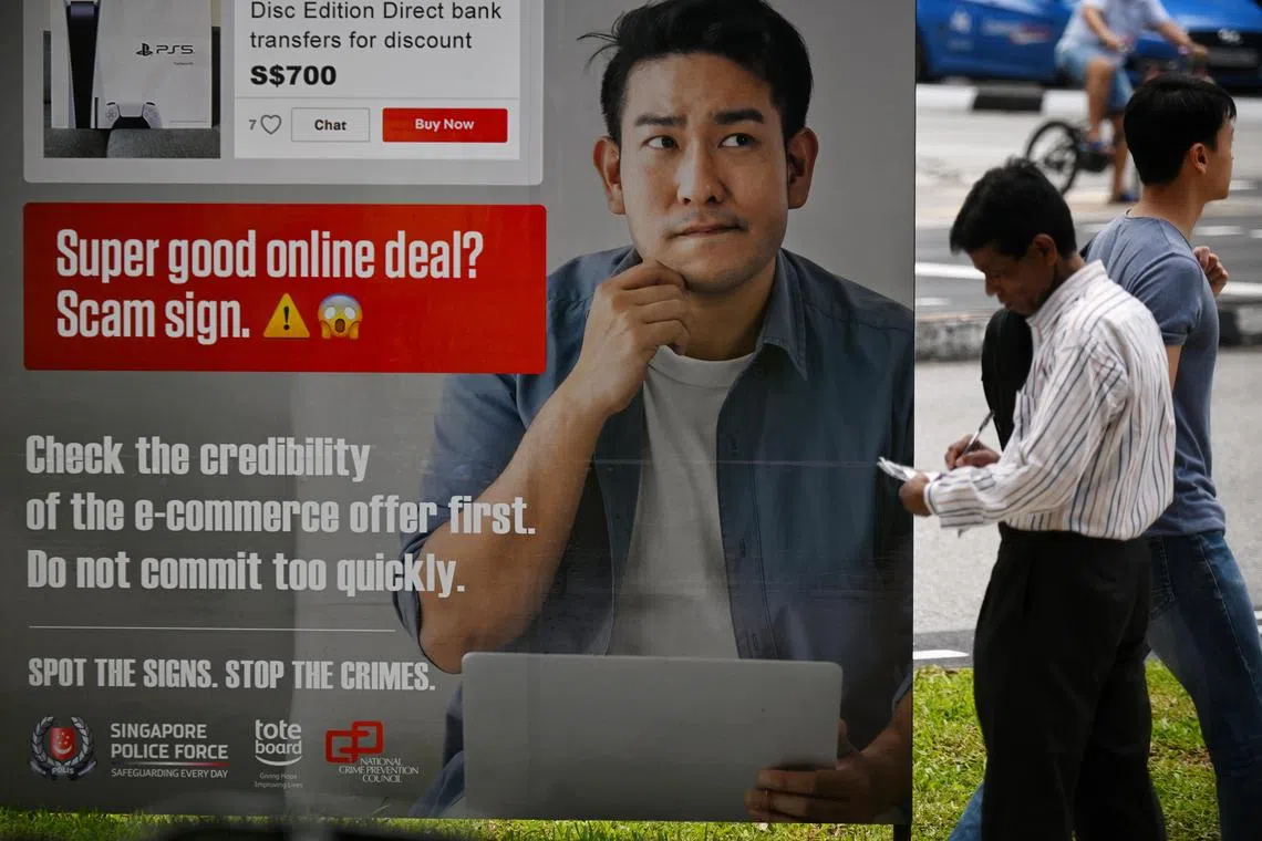 ST20230216_202336166650 Kua Chee Siong/ pixgeneric/ Generic pix of an anti-scam poster seen along Yishun Ring Road on Feb 16, 2023.