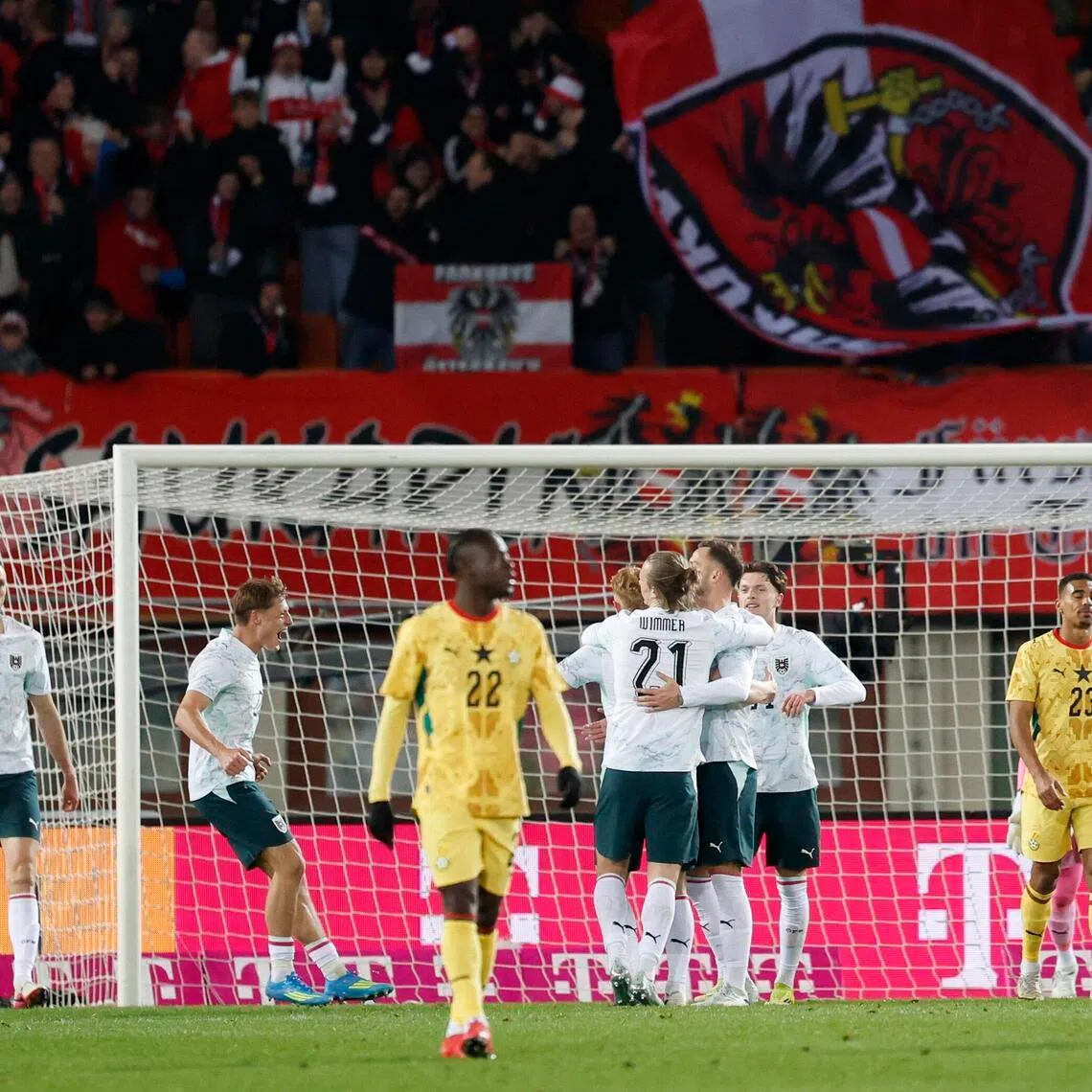 Austria players celebrating Nicolas Seiwald's  fifth goal in the international friendly against Ghana at Ernst Happel Stadion, in Vienna on March 27, 2026. The hosts won 5-1.