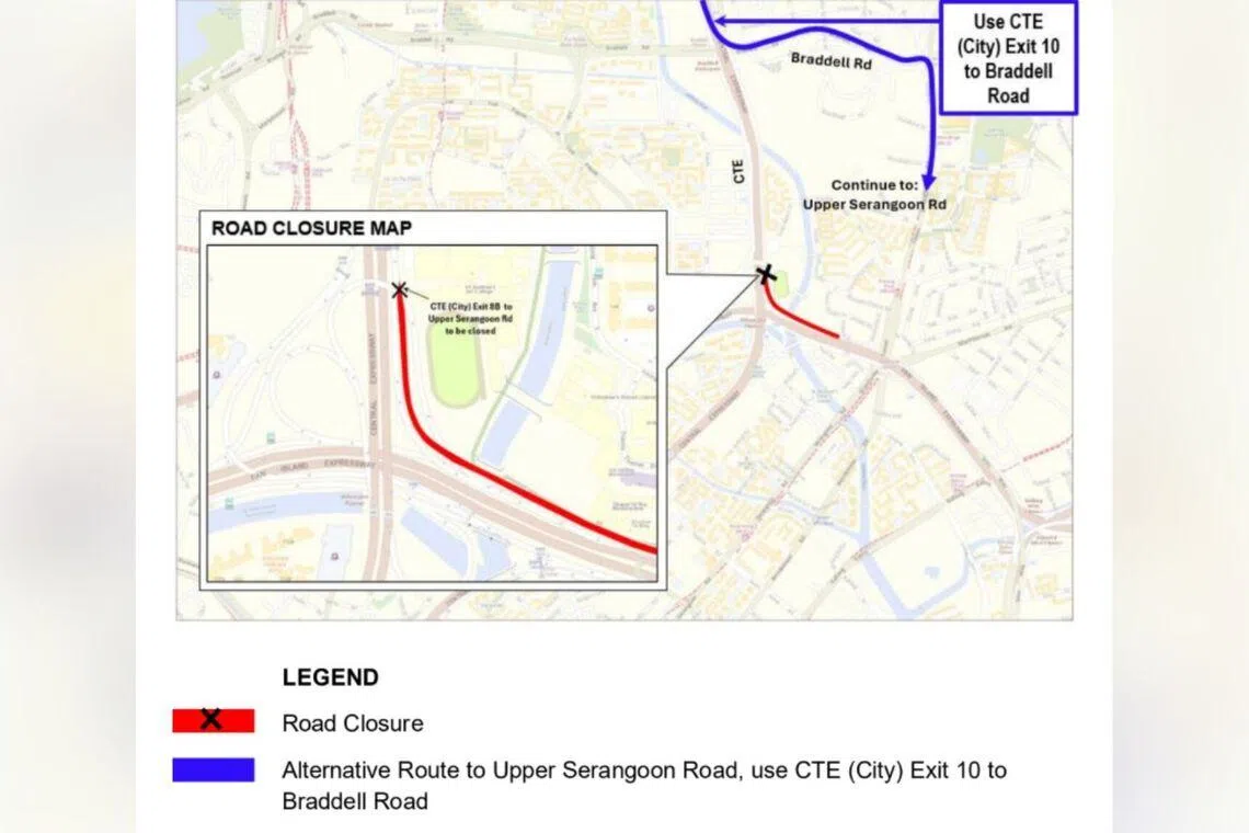 The city-bound CTE Exit 8B towards Upper Serangoon Road will be closed during early hours from July 28 to 31.
