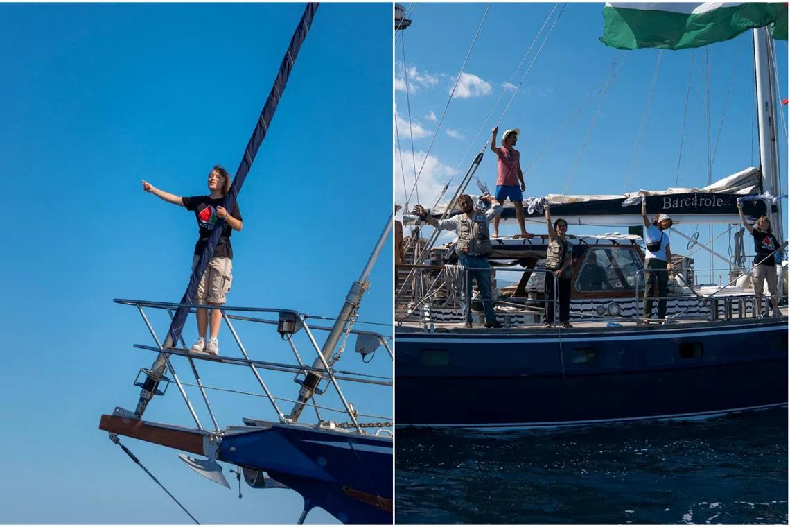Swedish climate campaigner Greta Thunberg (far left and far right) on the Gaza-bound aid boat on June 1.