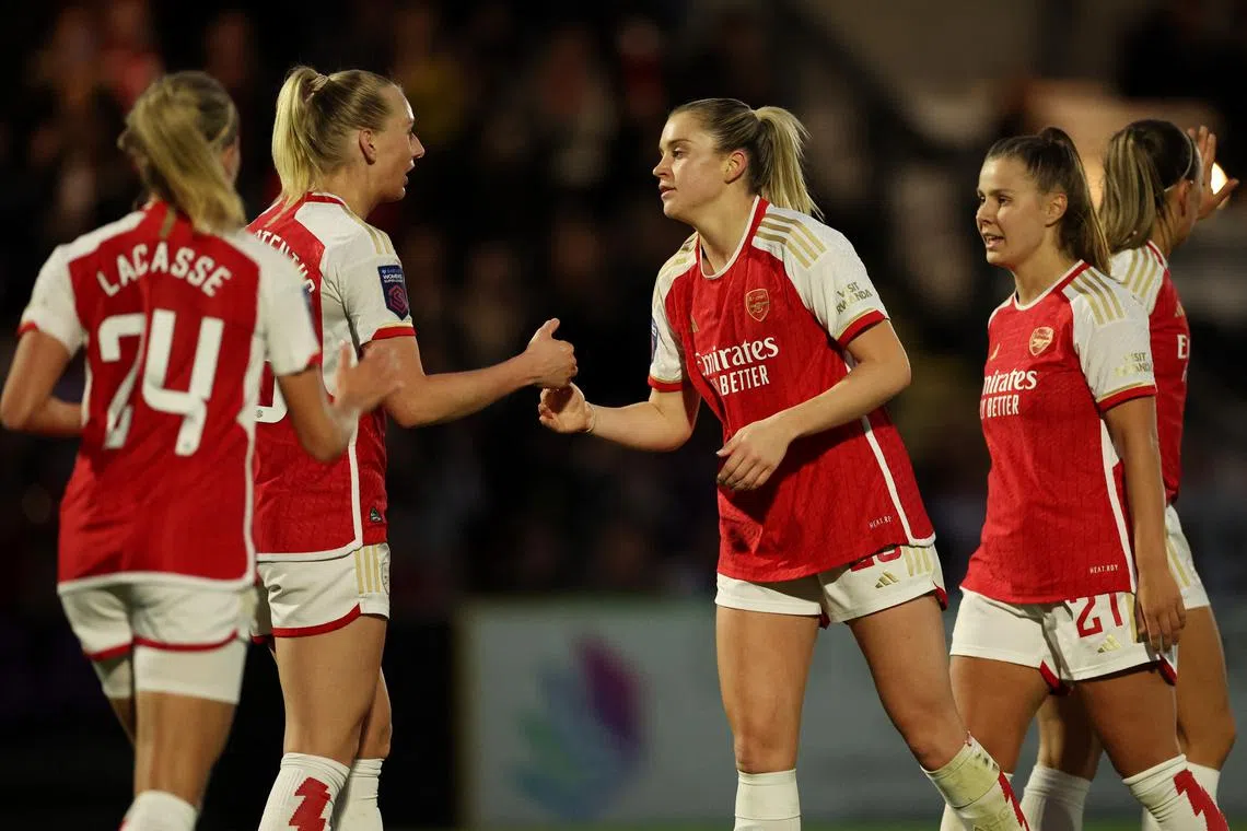FILE PHOTO: Soccer Football - Women's Super League - Arsenal v Bristol City - Meadow Park, Borehamwood, Britain - April 14, 2024 Arsenal's Alessia Russo celebrates scoring their fifth goal with teammates Action Images via Reuters/Andrew Boyers