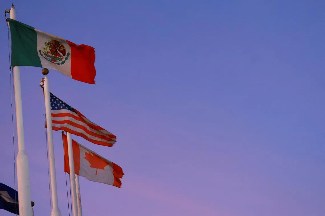 The flags of Mexico, the United States and Canada fly in Ciudad Juarez, Mexico February 1, 2025. REUTERS/Jose Luis Gonzalez