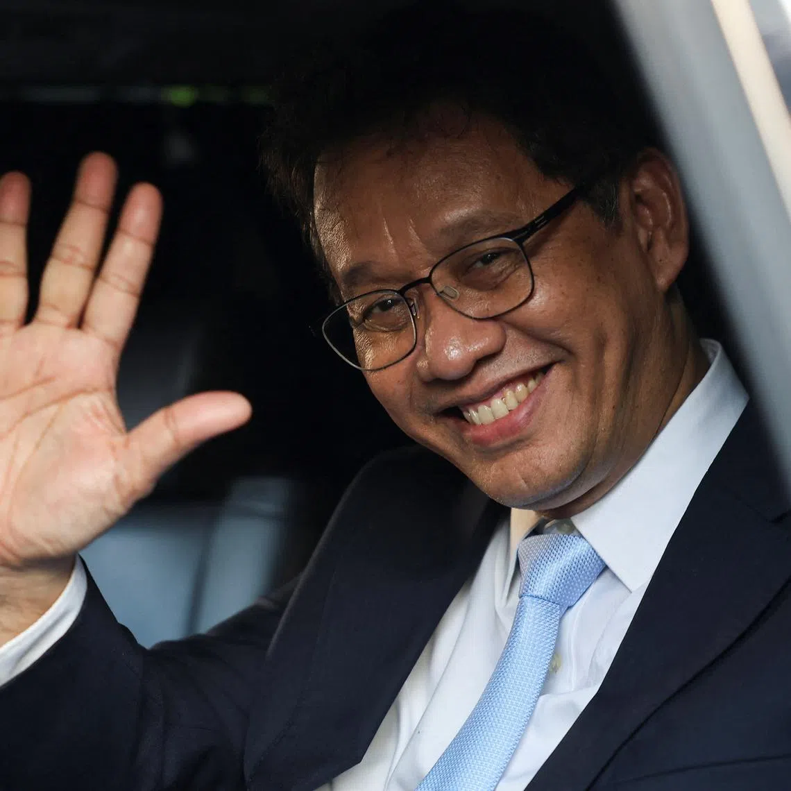 Indonesia's newly appointed Finance Minister Purbaya Yudhi Sadewa waves to journalists following his inauguration at the Presidential Palace in Jakarta, Indonesia, September 8, 2025. REUTERS/Willy Kurniawan