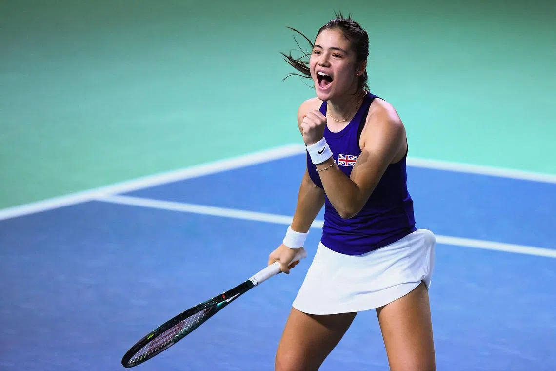 Emma Raducanu of Team Great Britain reacts after winning her semi-finals singles tennis match against Viktoria Hruncakova of Team Slovakia at the Billie Jean King Cup Finals at the Palacio de Deportes Jose Maria Martin Carpena arena in Malaga, southern Spain, on November 19, 2024. (Photo by JORGE GUERRERO / AFP)