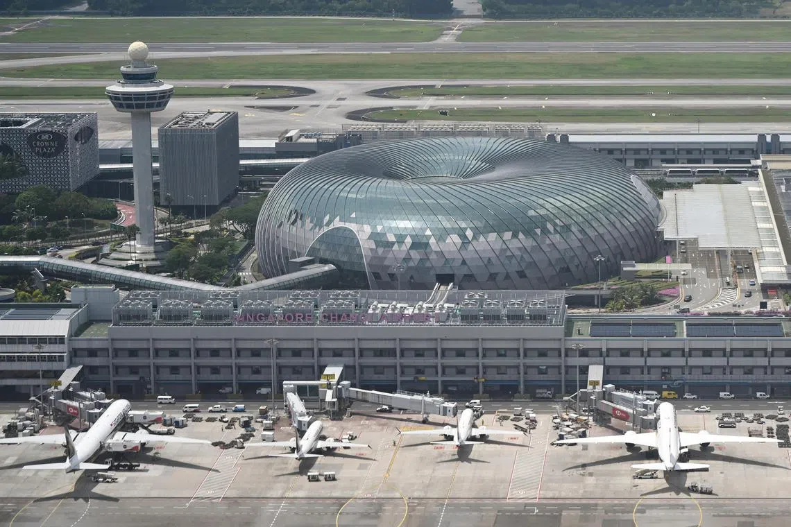 ST20240221-202447705151-Lim Yaohui-pixgeneric/
Generic photograph of Crowne Plaza Changi Airport hotel, Jewel Changi Airport, Singapore Airlines (SIA) aeroplanes and Changi Airport control tower on Feb 21, 2024.
Can be used for stories on cabin, carrier, commercial, airline, pilot, plane, oil, pollution, air, aviation, airport, fuel, travel, business and money.
(ST PHOTO: LIM YAOHUI)