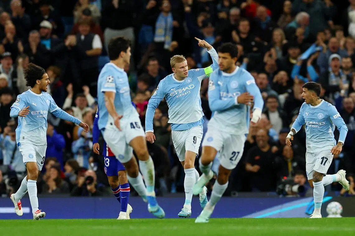 Manchester City’s Erling Haaland celebrates after scoring their first goal in the 4-2 Champions League defeat by Paris Saint-Germain on Oct 14.