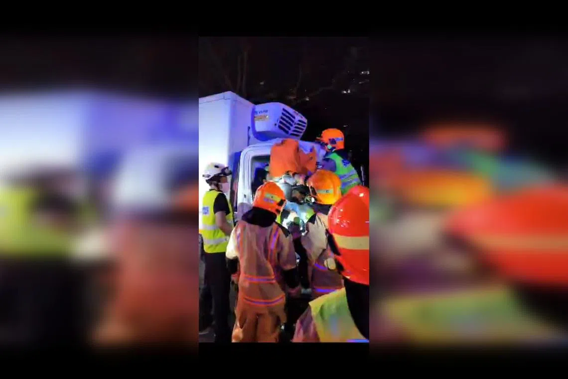 When SCDF officers arrived at the scene, they found the lorry driver trapped in his seat. 