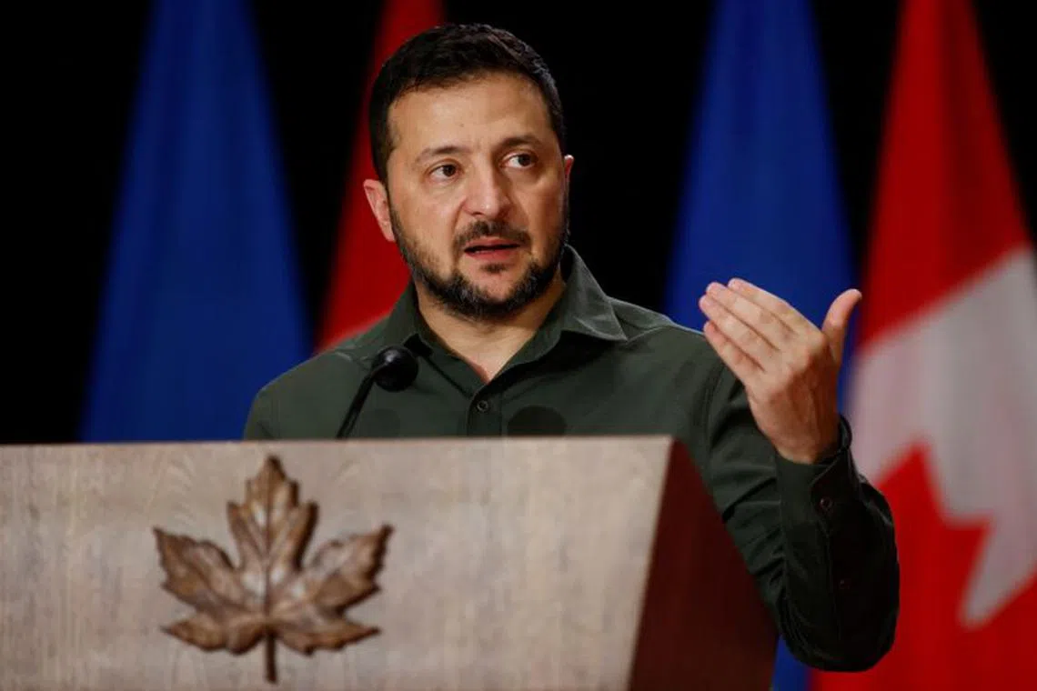 FILE PHOTO: Ukraine's President Volodymyr Zelenskiy speaks, as he attends a joint press conference with Canadian Prime Minister Justin Trudeau (not pictured) in Ottawa, Ontario, Canada September 22, 2023. REUTERS/Blair Gable/File Photo