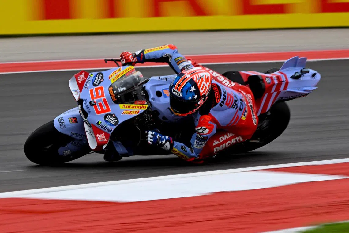FILE PHOTO: Apr 14, 2024; Austin, TX, USA; Marc Marquez (93) of Spain and Gresini Racing MotoGP rides in warmups before the start of the MotoGP Grand Prix of The Americas at Circuit of The Americas. Mandatory Credit: Jerome Miron-USA TODAY Sports/File Photo