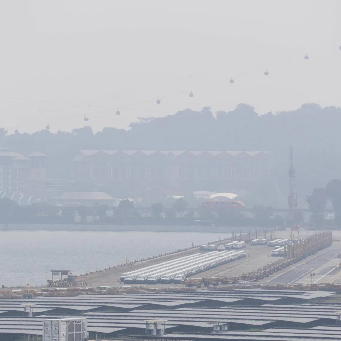 Hazy conditions seen from Tanjong Pagar Distripark towards Sentosa at 2:52pm on Sept 15.
