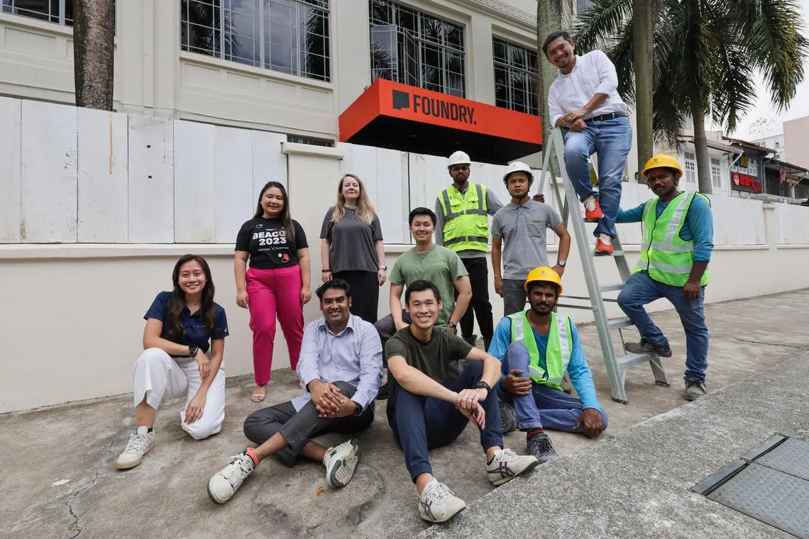 ST20240408_202445548195: Gin Tay/ smhub/Shermaine Ang Jia Ning/
(From left- standing): Amirah Zalizan ,26,  associate philanthropy (The Majurity Trust); Better.sg volunteers, Audrey Tim, 28 and Vasilisa Mishuhina, 32; Joshua Tay En Han, (kneeling in green top) 30, Deputy Executive Director (Impart); Nithiyanandam Muthumanikkam, 31 Junior Engineer (Woh Hup); Paulo Galvez, 35 Deputy Project Manager (Woh Hup); Martin Tan, 46  CEO (The Majurity Trust); and K. Ramadoss, 34 General worker (Woh Hup). (From left-sitting): Narasimman Tivasiha Mani, 40 Executive Director (Impart); Chew Jing Kai, 31 Head, Foundry (The Majurity Trust); and S. Saravanan, 39 General Worker (Woh Hup). photographed at Foundry @ 11 Prinsep Link, former ELD building, on April 8, 2024.