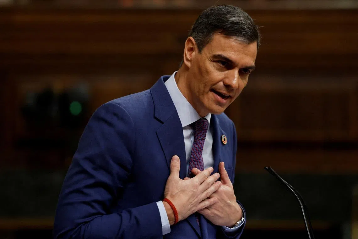FILE PHOTO: Spanish Prime Minister Pedro Sanchez lawmakers about government action during the floods in eastern Spain, at Parliament in Madrid, Spain, November 27, 2024. REUTERS/Susana Vera/File Photo