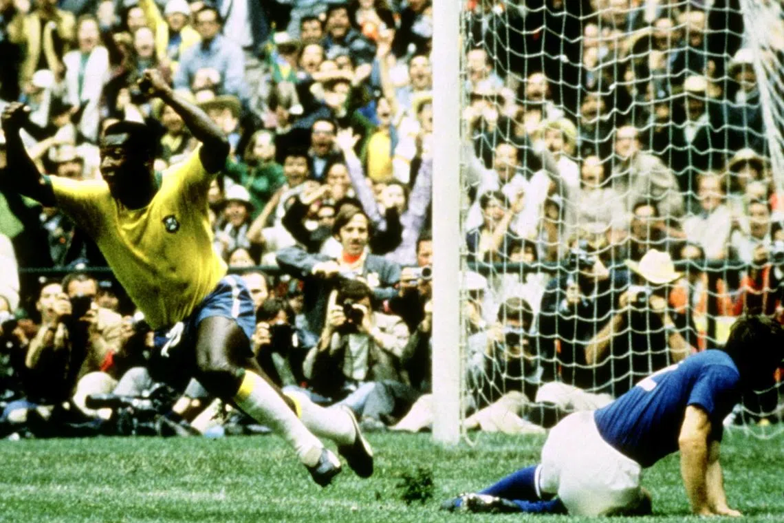 Pele celebrates after scoring the opening goal in Brazil's World Cup final against Italy in 1970.