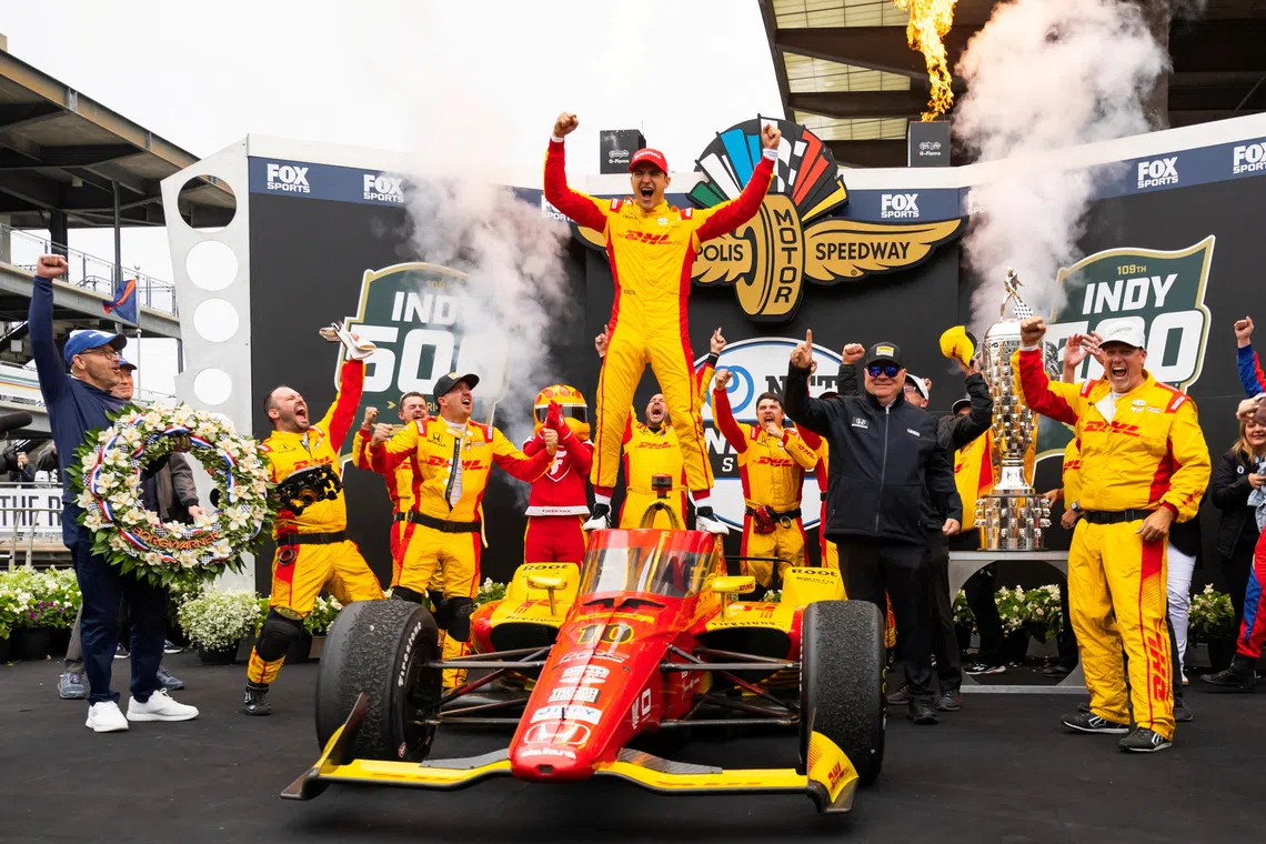 FILE PHOTO: May 25, 2025; Indianapolis, Indiana, USA; IndyCar Series driver Alex Palou celebrates after winning the 109th Running of the Indianapolis 500 at Indianapolis Motor Speedway. Mandatory Credit: Mark J. Rebilas-Imagn Images/File Photo