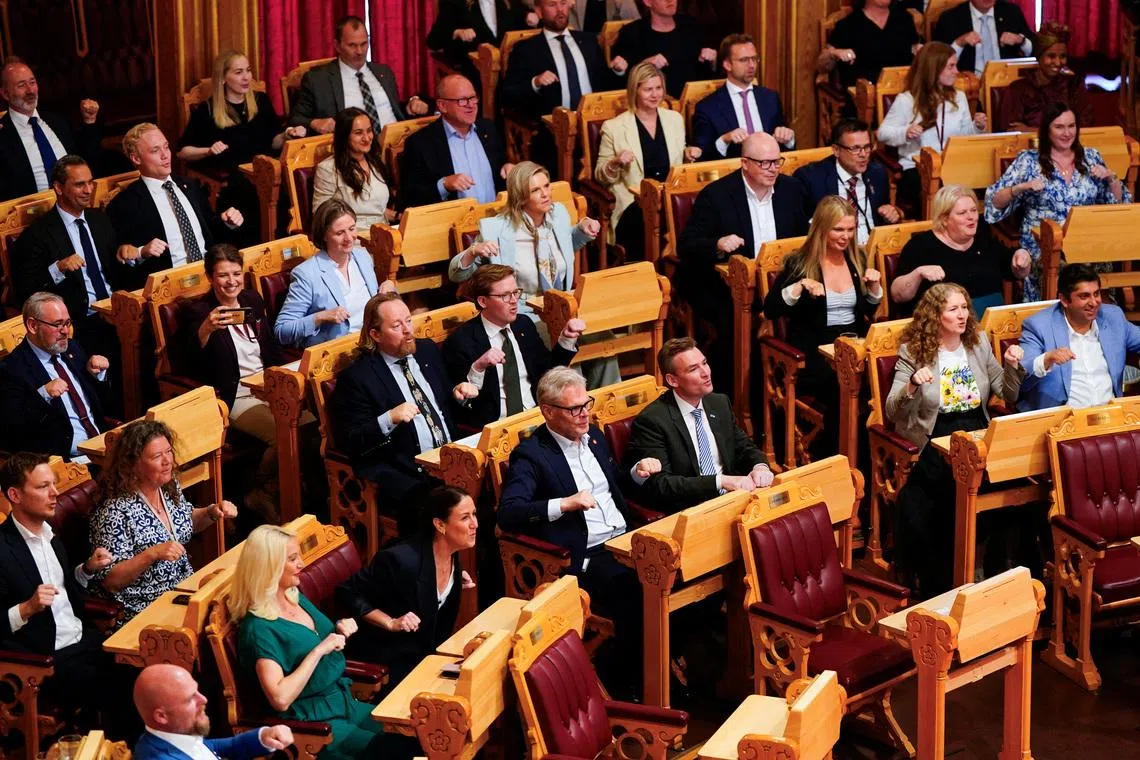 Members of Parliament 'row' for the Norwegian national football team at the Storting (Norwegian Parliament), in Oslo, Norway June 18, 2026.    NTB/Hakon Mosvold Larsen/via REUTERS