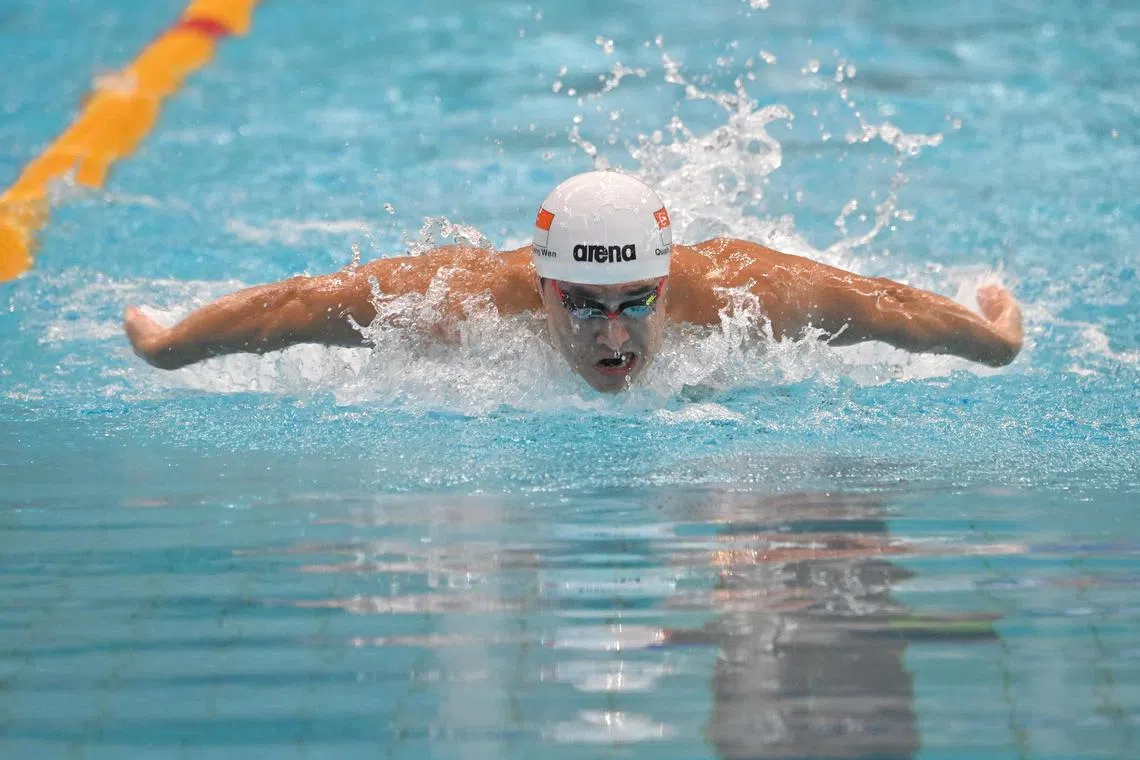 ST20240614_202493641140/dlswim14/Shintaro Tay/David Lee/
Quah Zheng Wen swimming at the men's 100m butterfly finals at the Singapore National Swimming Championships on June 14, 20024.