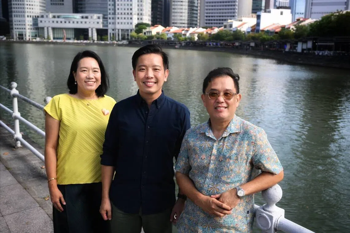 (From left) Michelle Koh, Executive Director of Singapore River One,  Minister of State (MOS) for National Development & Foreign Affairs Alvin Tan and Danny Loong, President of Singapore Nightlife Business Association after their media doorstop opposite Boat Quay along the Singapore River on Aug 17.