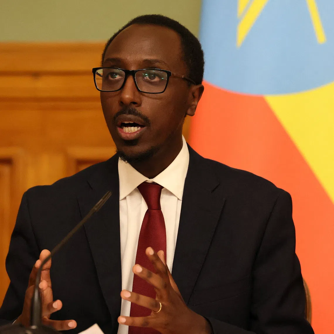 Ethiopian Foreign Minister Gedion Timothewos attends a joint press conference with Russian Foreign Minister Sergei Lavrov following their meeting in Moscow, Russia October 21, 2025. REUTERS/Shamil Zhumatov/Pool