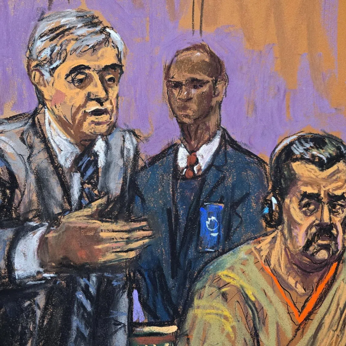 Ousted Venezuelan President Nicolas Maduro with his lawyer, Barry Pollack, attend a hearing in a narco-terrorism case accusing him of running a cartel of Venezuelan officials that flooded the U.S. with cocaine, at the Daniel Patrick Moynihan United States Court House in New York City, U.S., March 26, 2026 in this courtroom sketch.   REUTERS/Jane Rosenberg