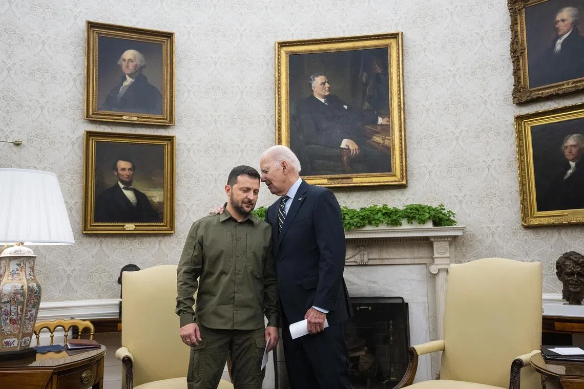 President Volodymyr Zelenskyy of Ukraine and President Joe Biden in the Oval Office of the White House in Washington, Sept. 21, 2023. The chief of NATO and the defense ministers of Britain and France have paid surprise visits to Kyiv, announced on Thursday, Sept. 28, in a show of continued solidarity, even as they emphasize the goal of pumping up weapons production within Ukraine. (Doug Mills/The New York Times)